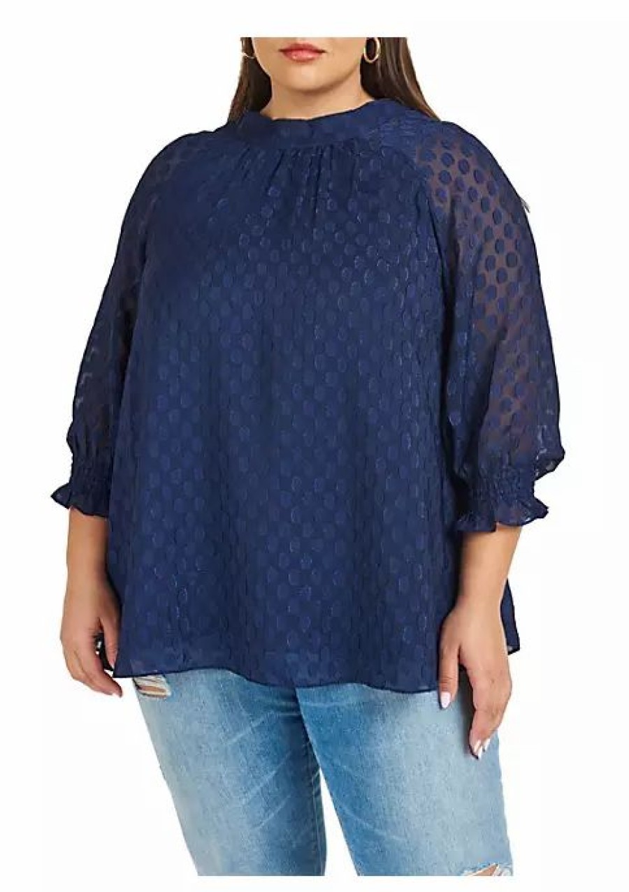 * Dr2 By Daniel Rainn Plus Size Clip-Dot Blouse With 3/4 Sleeves | Women'S Clothing