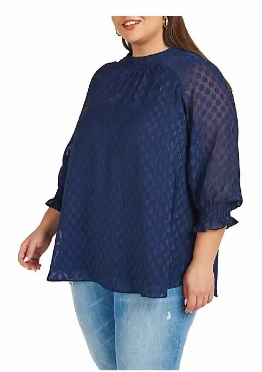 * Dr2 By Daniel Rainn Plus Size Clip-Dot Blouse With 3/4 Sleeves | Women'S Clothing