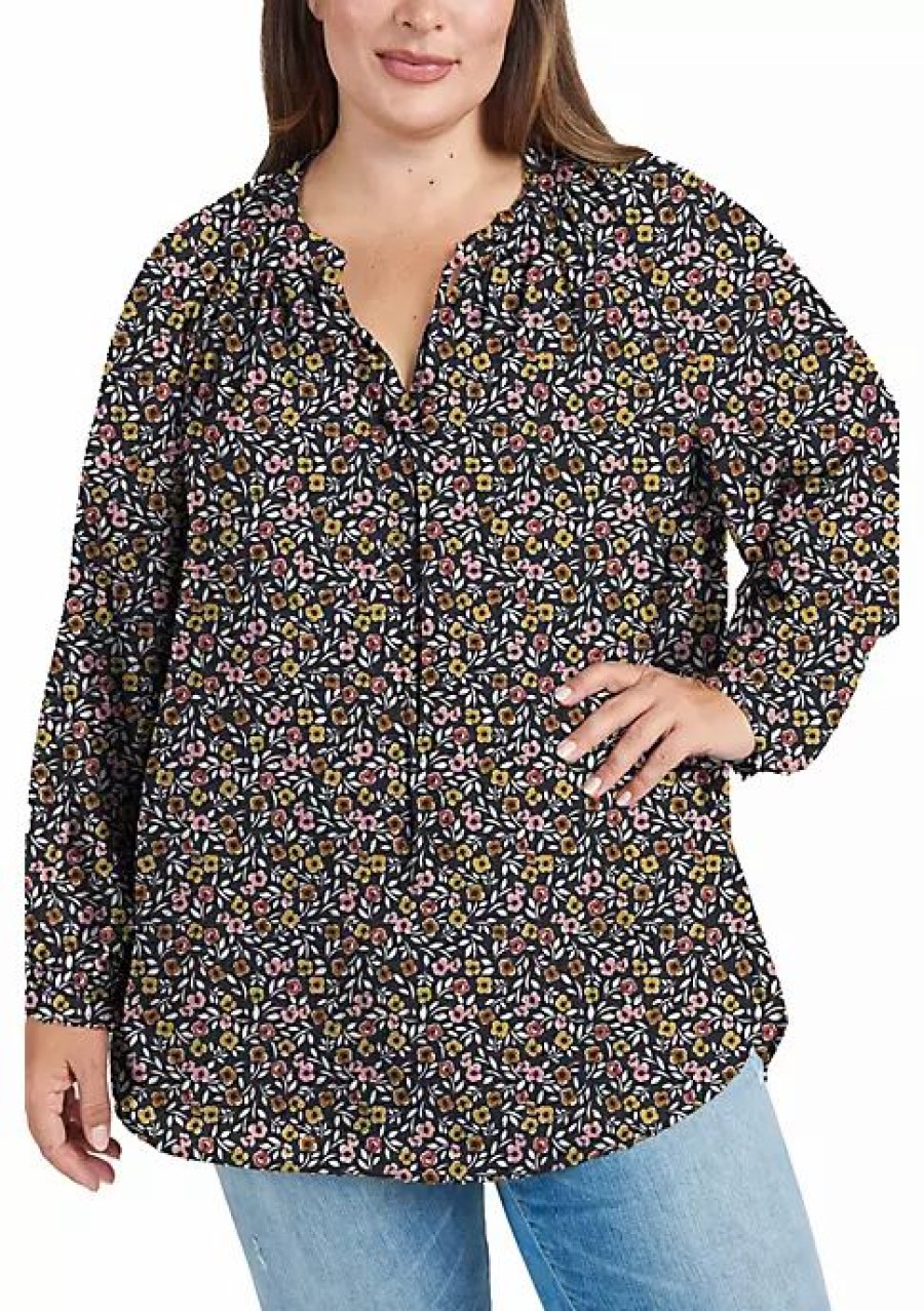 * Dr2 By Daniel Rainn Sheer Long Sleeve Tunic Top With Ruffle Collar (Plus Size) | Women'S Clothing