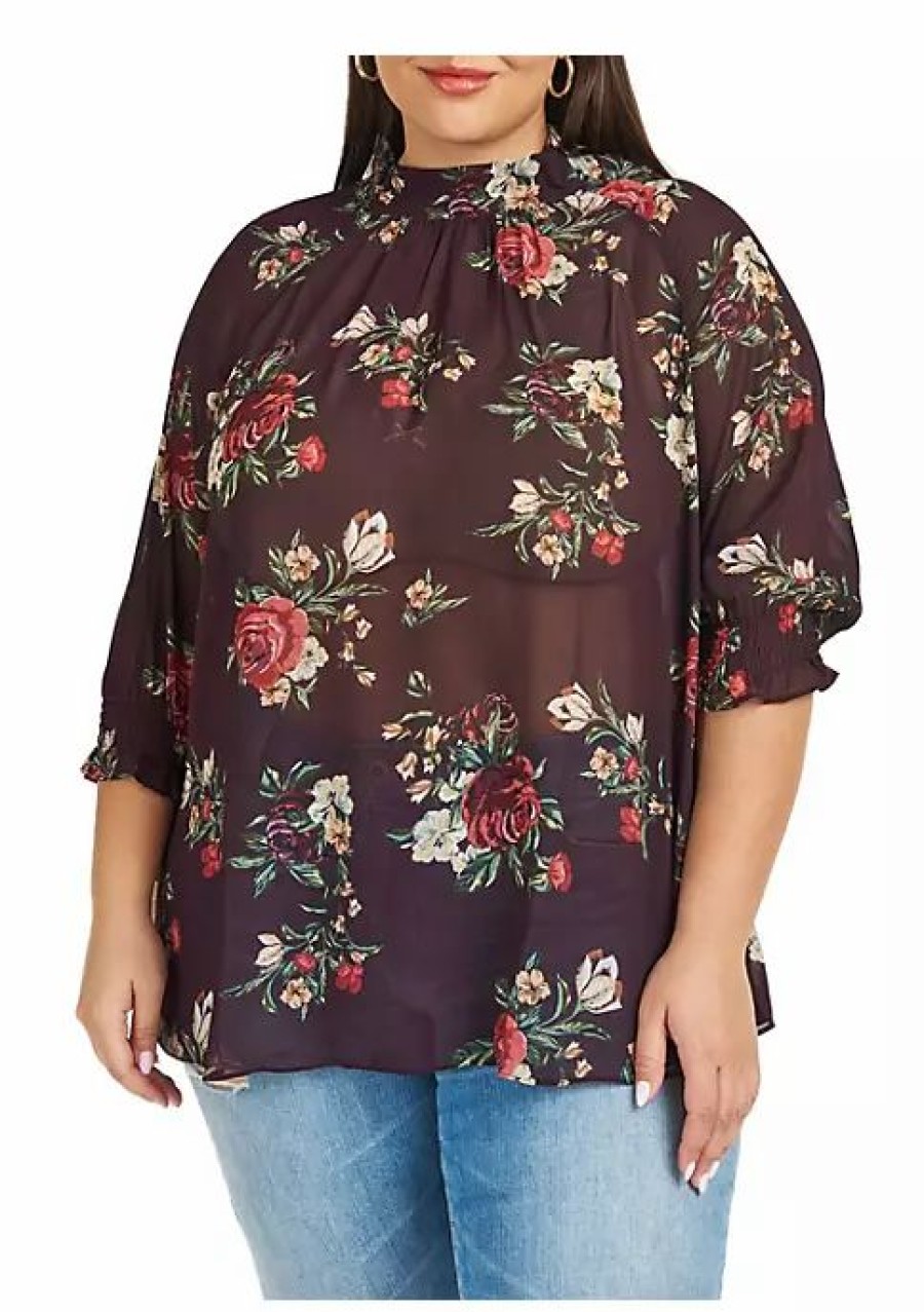 * Dr2 By Daniel Rainn Floral Mock Turtlenec Blouse (Plus Size) | Women'S Clothing