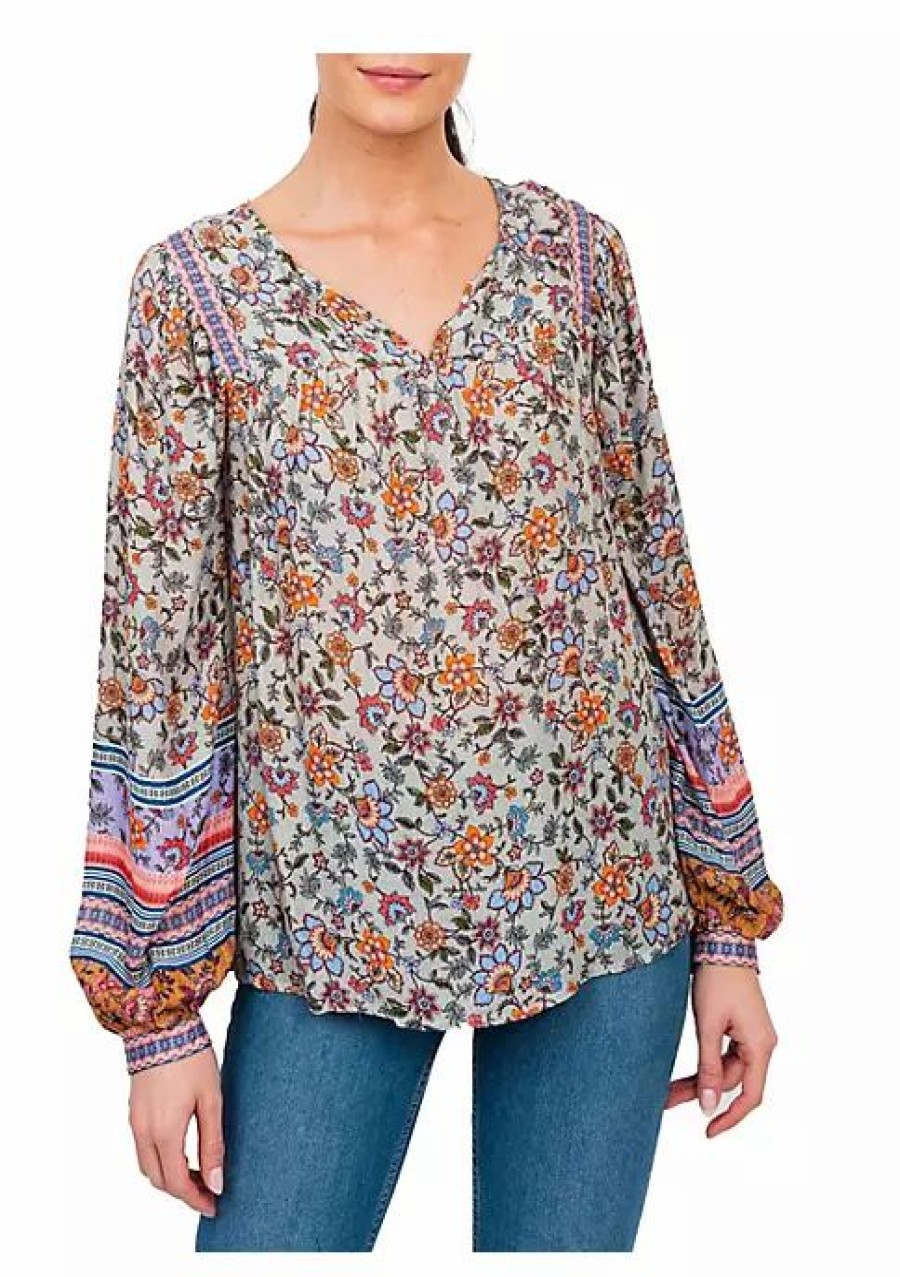 * Dr2 By Daniel Rainn V-Neck Long Sleeve Multicolored Top | Women'S Clothing