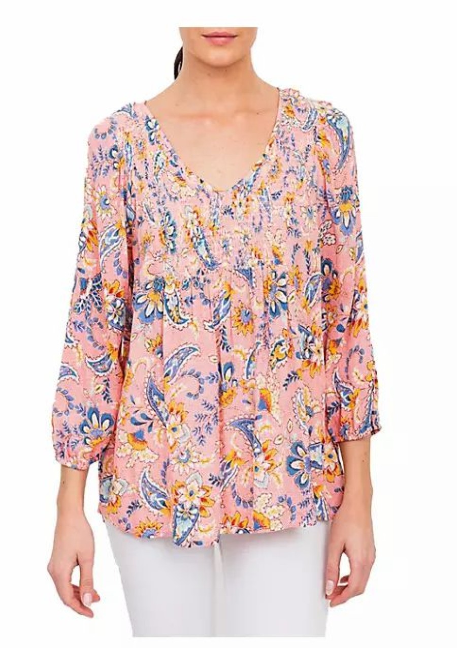 * Dr2 By Daniel Rainn 3/4 Sleeve Smocked Paisley Top | Women'S Clothing